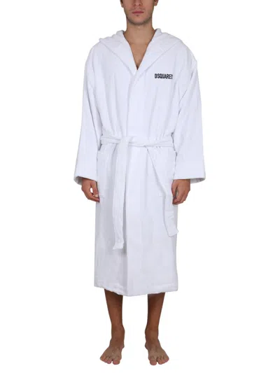 Dsquared2 Logo Hooded Bathrobe With Waist Belt In White