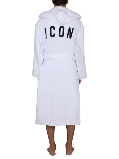 Dsquared2 Logo Hooded Bathrobe With Waist Belt In White
