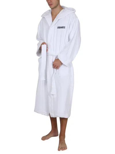 Dsquared2 Logo Hooded Bathrobe With Waist Belt In White