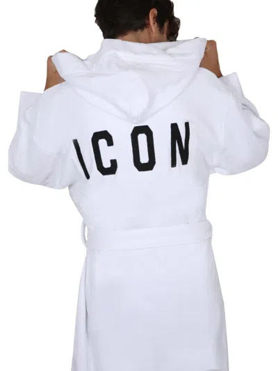 Dsquared2 Logo Hooded Bathrobe With Waist Belt In White