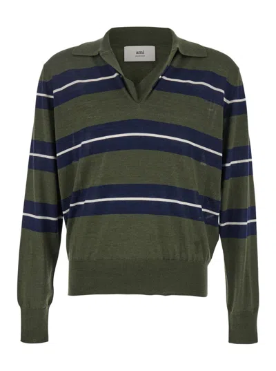 Ami Alexandre Mattiussi Ami Paris Men Green Polo With All-over Striped Motif And Polo-style Collar In Wool And Silk Blend Ma In Green