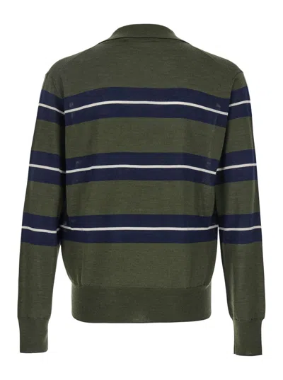 Ami Alexandre Mattiussi Ami Paris Men Green Polo With All-over Striped Motif And Polo-style Collar In Wool And Silk Blend Ma In Green