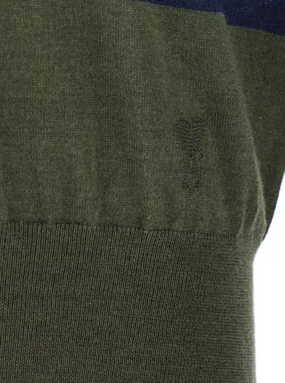 Ami Alexandre Mattiussi Ami Paris Men Green Polo With All-over Striped Motif And Polo-style Collar In Wool And Silk Blend Ma In Green