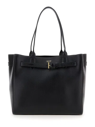 Tom Ford Black Tote Bag With T Detail In Hammered Leather Woman