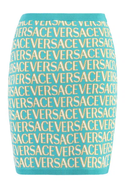 Versace Allover Logo-jacquard Miniskirt In Blue