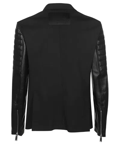 Dsquared2 Zippered Jacket With Lapel Collar And Leather Sleeves In Black