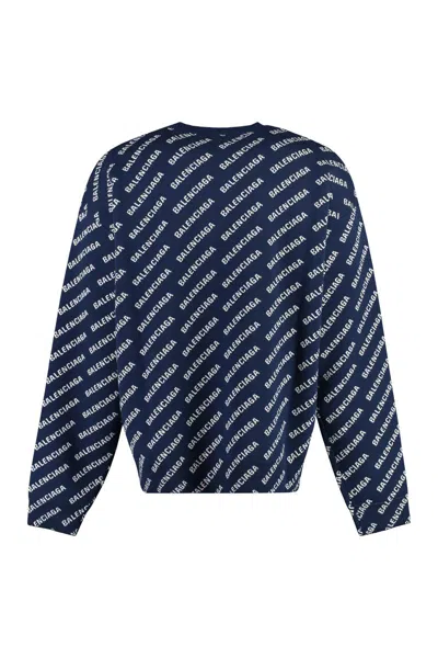Balenciaga All-over Logo Crewneck Sweater In Blue