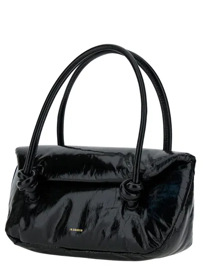 Jil Sander 'knot Small' Black Shoulder Bag With Laminated Logo In Patent Leather Woman