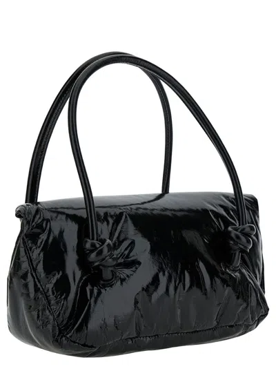 Jil Sander 'knot Small' Black Shoulder Bag With Laminated Logo In Patent Leather Woman
