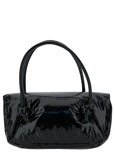Jil Sander 'knot Small' Black Shoulder Bag With Laminated Logo In Patent Leather Woman