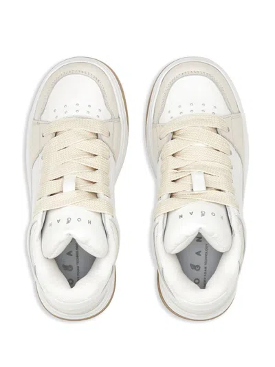 Hogan White Calf Leather Panelled Sneakers In Gold