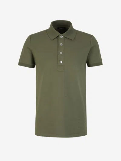 Balmain Jacquard Patterned Cotton Blend Polo Shirt In Green