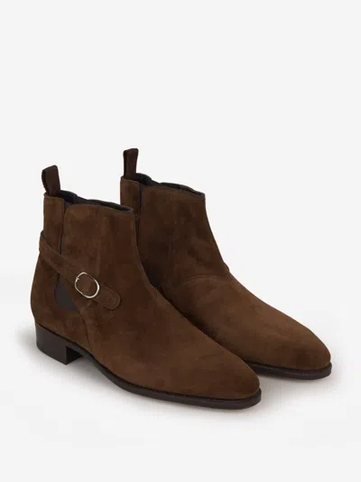 John Lobb Buckle Suede Boots In Brown
