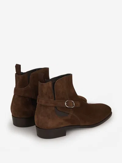 John Lobb Buckle Suede Boots In Brown
