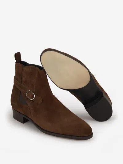 John Lobb Buckle Suede Boots In Brown