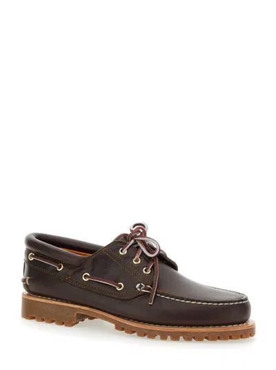 Timberland Brown Loafers With Embossed Logo On The Side And Low Block Heel In Leather Man In Orange