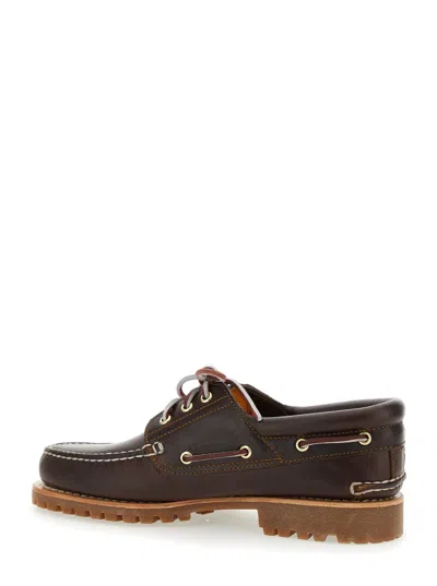 Timberland Brown Loafers With Embossed Logo On The Side And Low Block Heel In Leather Man In Orange