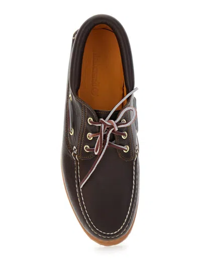 Timberland Brown Loafers With Embossed Logo On The Side And Low Block Heel In Leather Man In Orange
