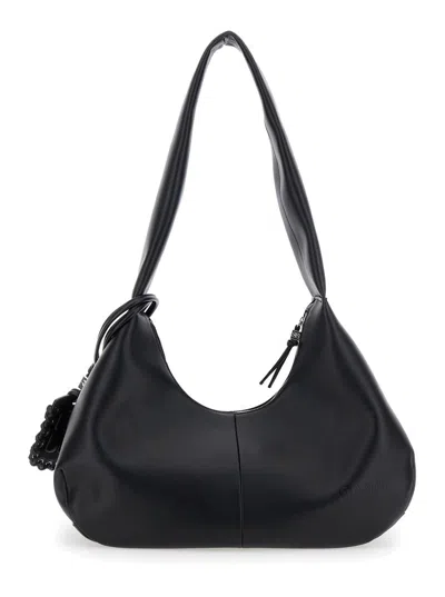 Ganni 'bou Bag Hobo Medium' Black Shoulder Bag With Shoulder Strap And Removable Logo Patch