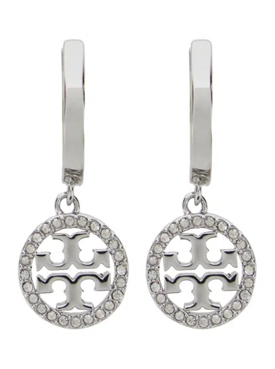 Tory Burch 'miller' Metallic Earings With Double T Logo Charm In Metallic