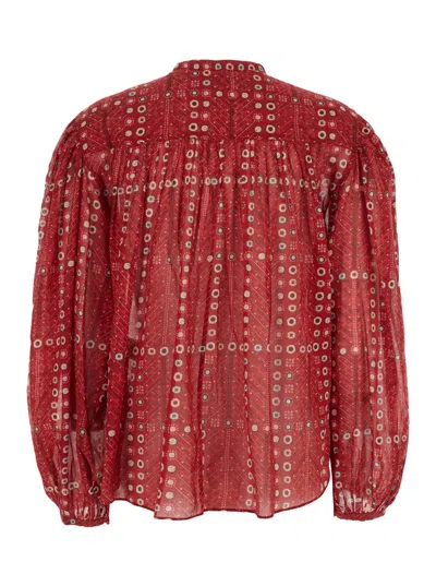 Isabel Marant Étoile 'salika' Red Crewneck Shirt With Puffed Sleeves And All-over Print In Cotton Woman