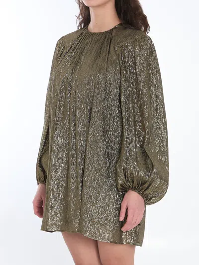 Chloé Balloon-sleeve Metallic Silk Mini Dress In Green