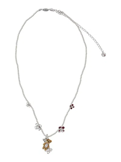 Yvmin Brown Necklace With Bead Embellishments And Bear Detail In Silver Blend Woman In Gold