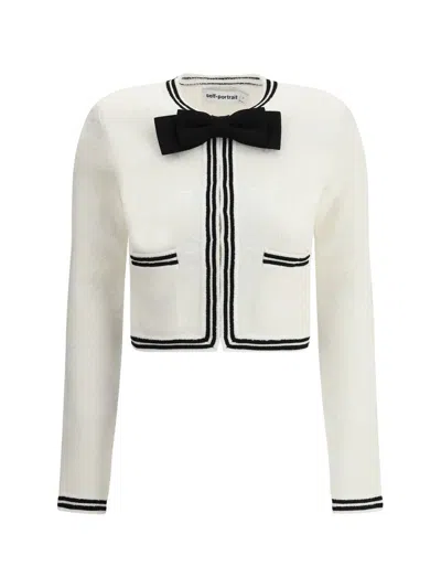 Self-portrait Beige Cardigan With Bow Detail On The Front And Contrasting Trims In Cotton Blend Woman In White