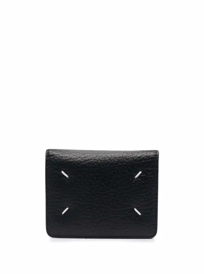 Maison Margiela Black Bifold Wallet With Stitching Detail And Key Ring In Grained Leather Woman Mais In Black
