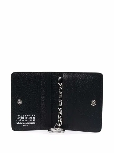 Maison Margiela Black Bifold Wallet With Stitching Detail And Key Ring In Grained Leather Woman Mais In Black