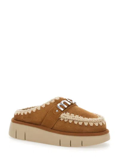 Mou 'bounce' Beige Mules With Logo Lettering And Open Rear In Leather Woman