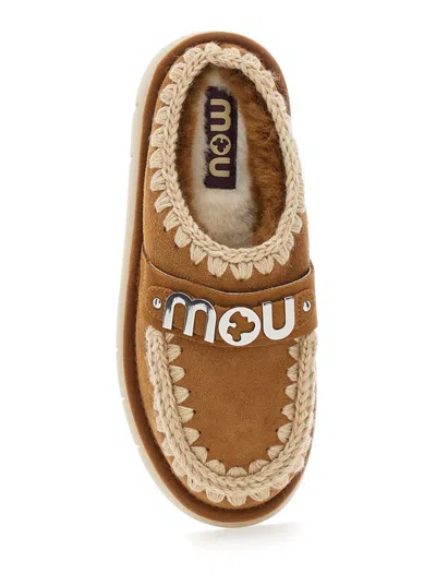 Mou 'bounce' Beige Mules With Logo Lettering And Open Rear In Leather Woman