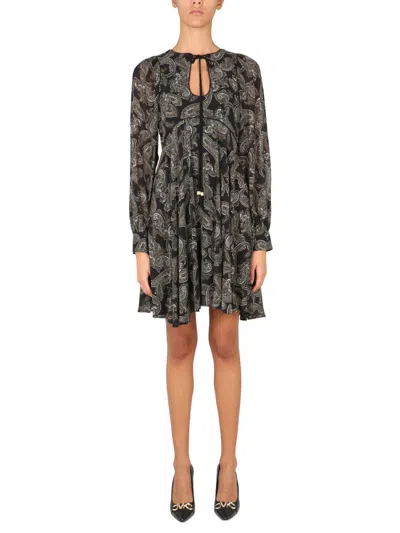 Michael Kors Short Dress With Keyhole Neckline And Paisley Pattern In Black