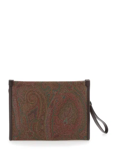 Etro 'arnica' Brown Clutch With Embroidered Logo On The Front And All-over Motif In Cotton Blend Woman