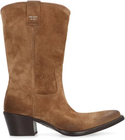 Prada Suede Ankle Boots In Brown