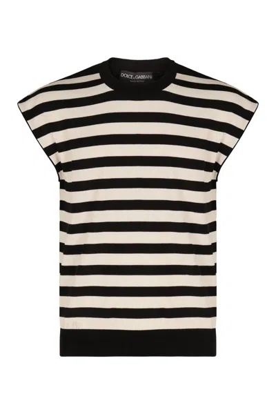 Dolce & Gabbana Black And White Sleeveless Top With Round Neck And All-over Strpied Motif In Multi
