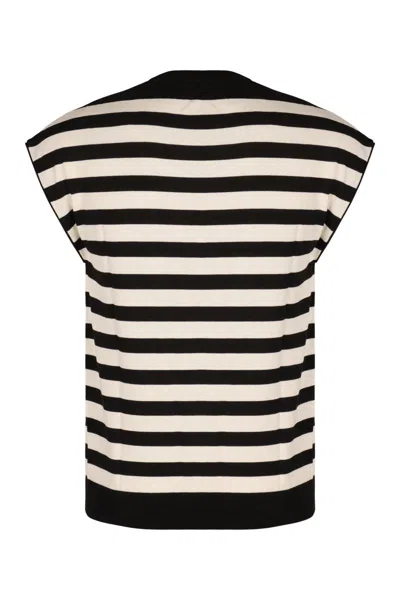 Dolce & Gabbana Black And White Sleeveless Top With Round Neck And All-over Strpied Motif In Multi
