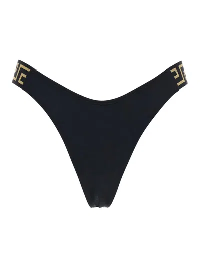 Versace Black Bikini Bottoms With Greca Motif Detail And High Cut In Tech Fabric Stretch Woman In Black