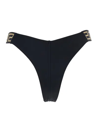 Versace Black Bikini Bottoms With Greca Motif Detail And High Cut In Tech Fabric Stretch Woman In Black
