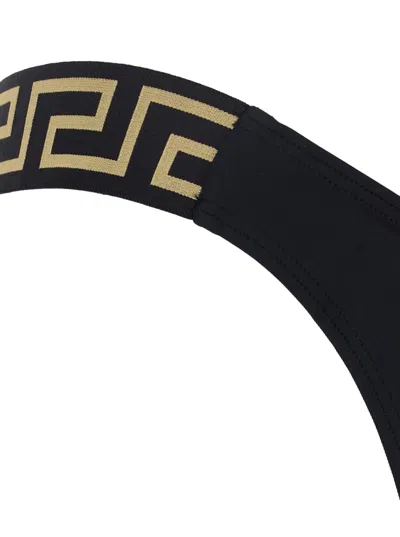 Versace Black Bikini Bottoms With Greca Motif Detail And High Cut In Tech Fabric Stretch Woman In Black
