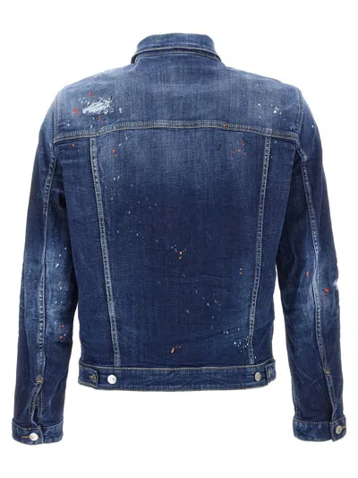 Dsquared2 Dan Blue Jacket With Classic Collar And All-over Painted Details In Denim Man In Blue