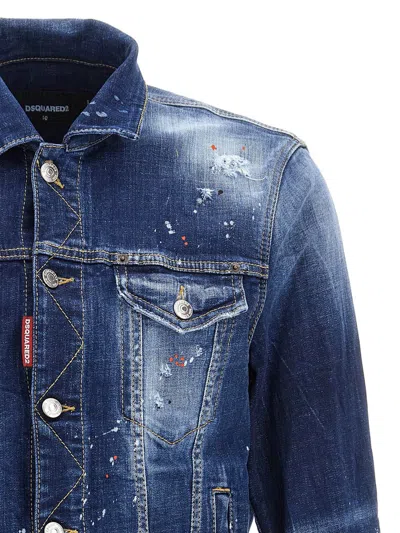 Dsquared2 Dan Blue Jacket With Classic Collar And All-over Painted Details In Denim Man In Blue