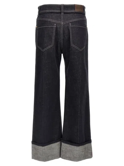 Brunello Cucinelli Women Crop Denim Trousers With Turn-ups In Black