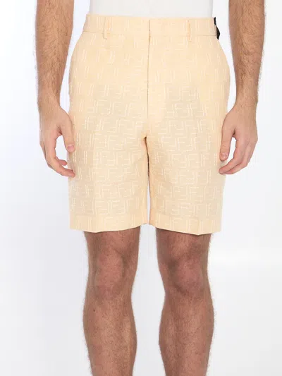 Fendi Pantaloni Corti In Jacquard Ff Di Lino Giallo