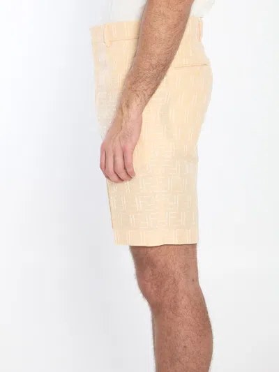 Fendi Pantaloni Corti In Jacquard Ff Di Lino Giallo
