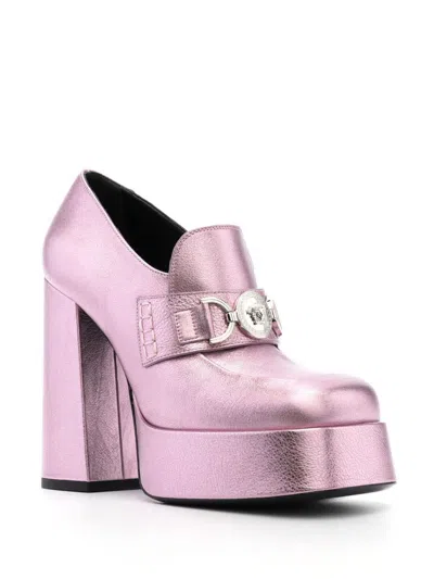 Versace Block Heel Loafers With Platform Sole And Square Toe In Purple