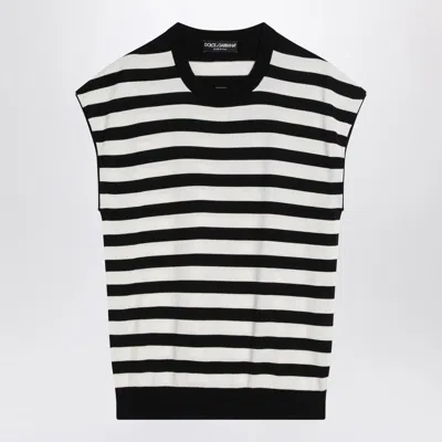Dolce & Gabbana Black And White Sleeveless Top With Round Neck And All-over Strpied Motif