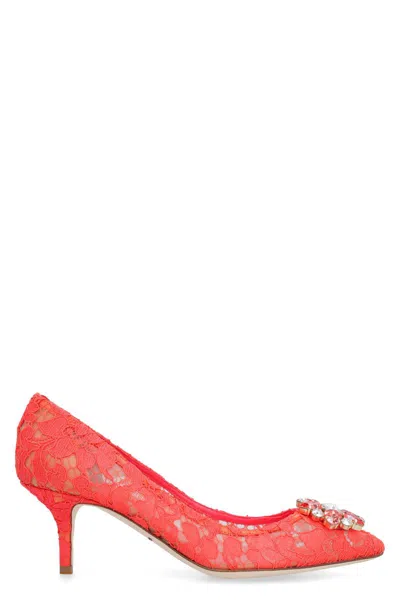 Dolce & Gabbana Bellucci 60 Brooch Embellished Lace Pumps In Red