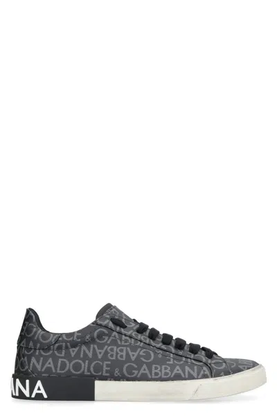 Dolce & Gabbana Leather And Fabric Low-top Sneakers With All-over Motif In Black
