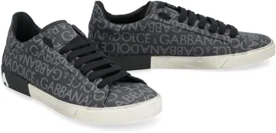 Dolce & Gabbana Leather And Fabric Low-top Sneakers With All-over Motif In Black